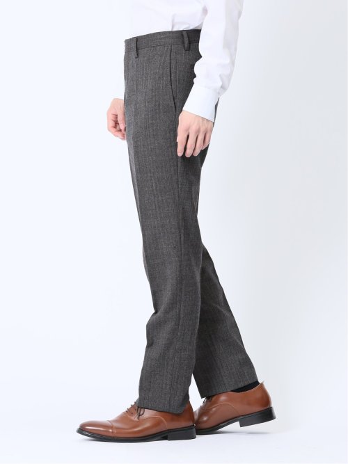 ウール混 レギュラーフィット ノータックスラックス ヘリンボングレー