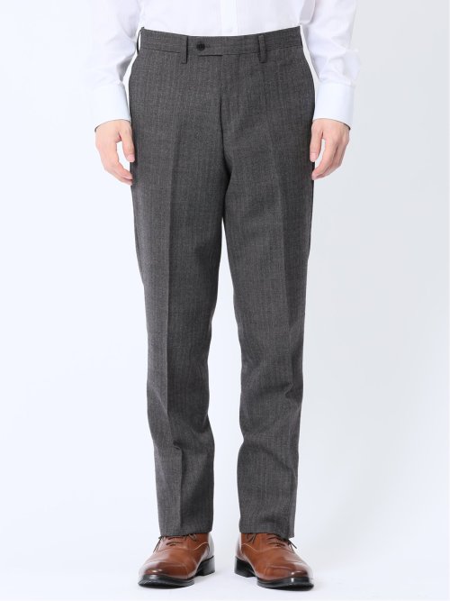 ウール混 レギュラーフィット ノータックスラックス ヘリンボングレー