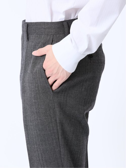 ウール混 レギュラーフィット ノータックスラックス ヘリンボングレー