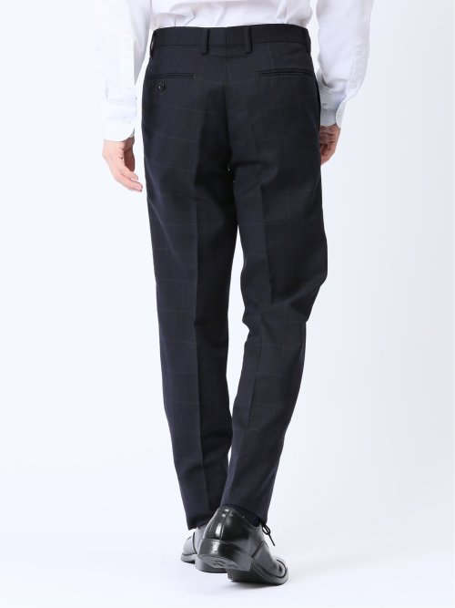 ウール混 スリムフィット ノータックスラックス ウィンドペン紺