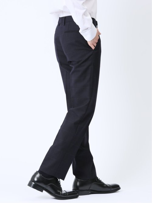 ウール混 スリムフィット ノータックスラックス ウィンドペン紺