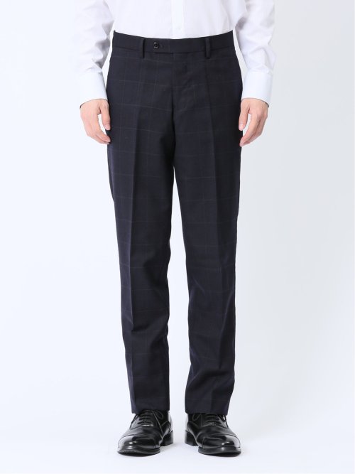 ウール混 スリムフィット ノータックスラックス ウィンドペン紺