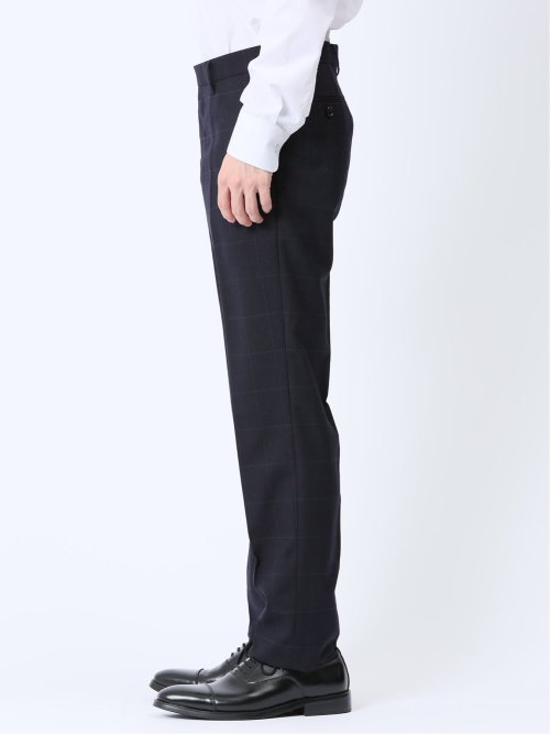 ウール混 スリムフィット ノータックスラックス ウィンドペン紺