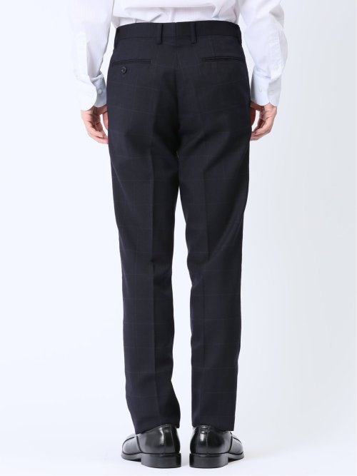 ウール混 スリムフィット ノータックスラックス ウィンドペン紺