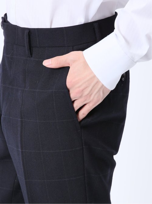 ウール混 スリムフィット ノータックスラックス ウィンドペン紺