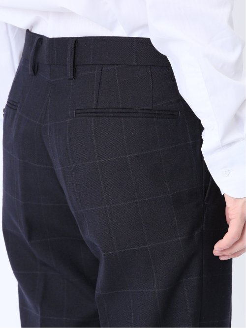 ウール混 スリムフィット ノータックスラックス ウィンドペン紺