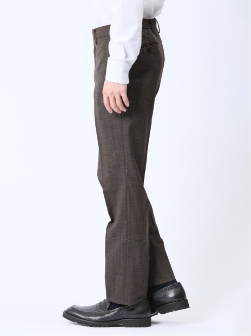 ウール混 スリムフィット ノータックスラックス ウィンドペンこげ茶