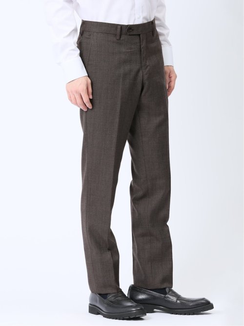 ウール混 スリムフィット ノータックスラックス ウィンドペンこげ茶