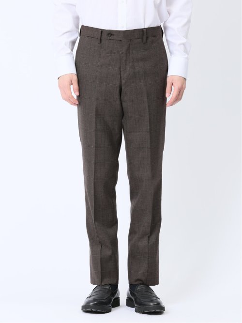 ウール混 スリムフィット ノータックスラックス ウィンドペンこげ茶