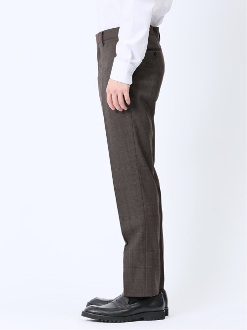 ウール混 スリムフィット ノータックスラックス ウィンドペンこげ茶