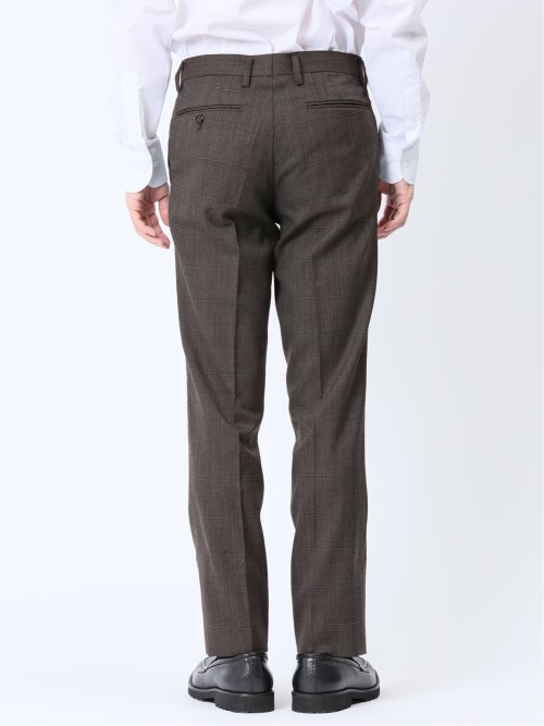 ウール混 スリムフィット ノータックスラックス ウィンドペンこげ茶