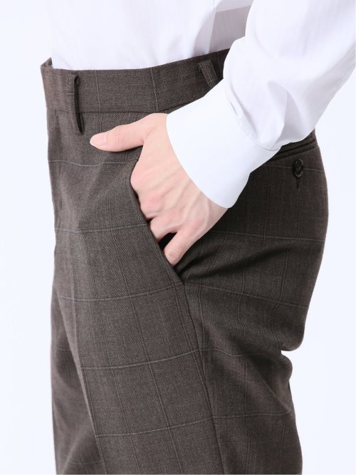 ウール混 スリムフィット ノータックスラックス ウィンドペンこげ茶