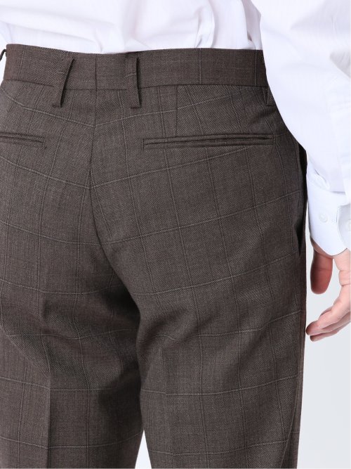 ウール混 スリムフィット ノータックスラックス ウィンドペンこげ茶