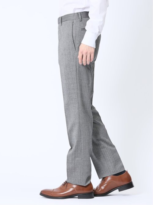 ウール混 レギュラーフィット ノータックスラックス ヘリンボンライトグレー