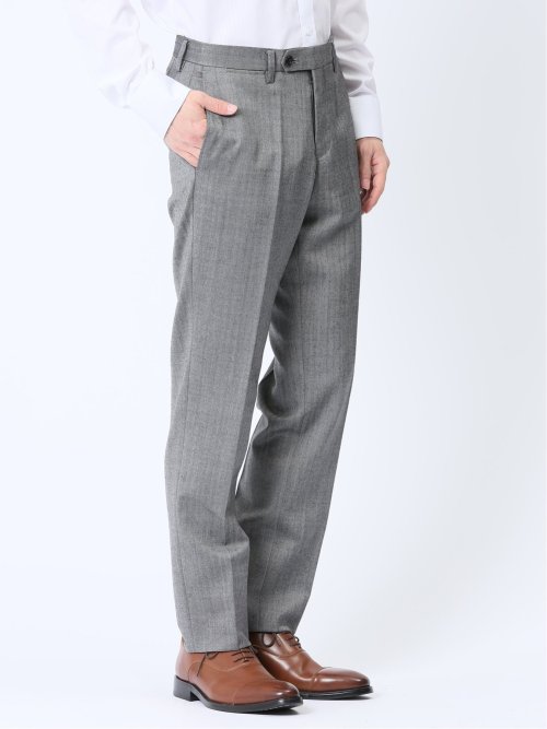 ウール混 レギュラーフィット ノータックスラックス ヘリンボンライトグレー