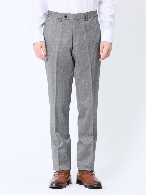 ウール混 レギュラーフィット ノータックスラックス ヘリンボンライトグレー