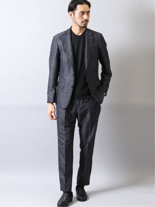 カラミ織りストレッチ スリムフィットパンツ 紺(セットアップ可能)