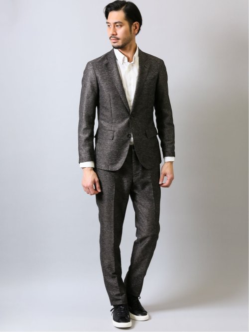 カラミ織りストレッチ スリムフィットパンツ こげ茶(セットアップ可能)