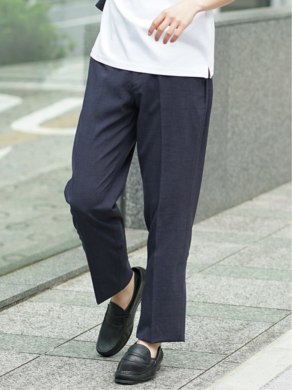軽量 スリムフィット ノータックパンツ ウィンドペン紺(セットアップ可能)