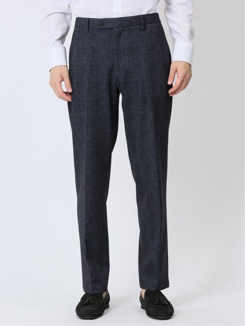 TechMove スリムフィット ノータックパンツ チェック紺(セットアップ可能)