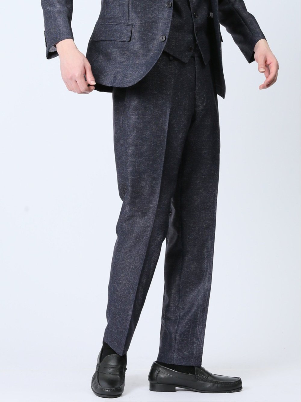 TechLinen スリムフィット ノータックパンツ チェック紺(セットアップ可能)