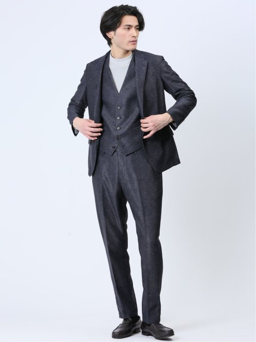 TechLinen スリムフィット ノータックパンツ チェック紺(セットアップ可能)