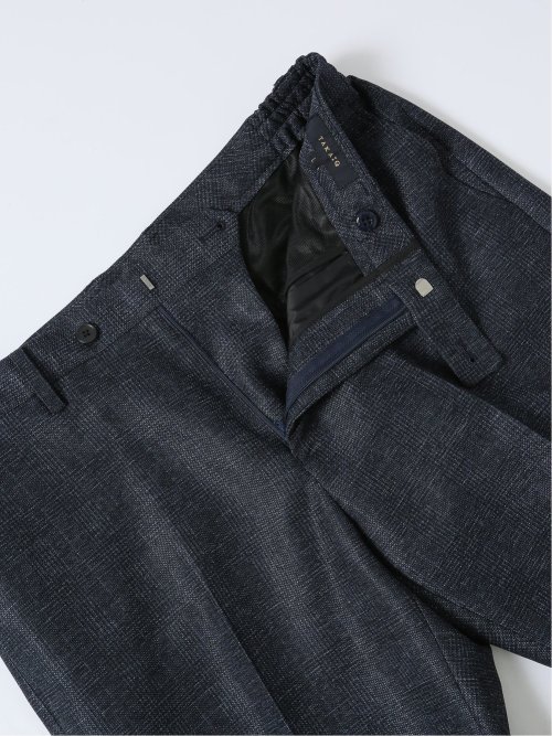 TechLinen スリムフィット ノータックパンツ チェック紺(セットアップ可能)