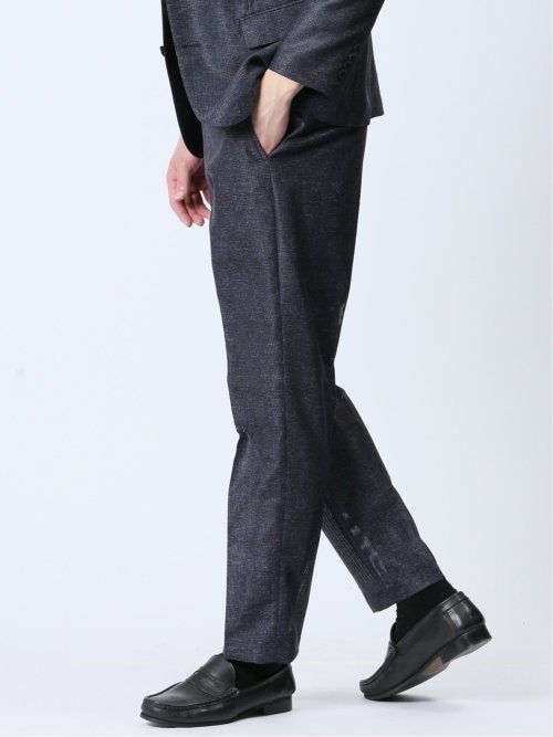TechLinen スリムフィット ノータックパンツ チェック紺(セットアップ可能)