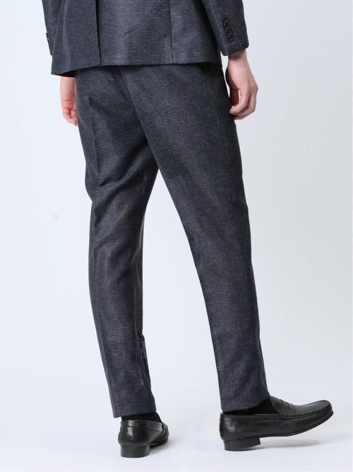 TechLinen スリムフィット ノータックパンツ チェック紺(セットアップ可能)