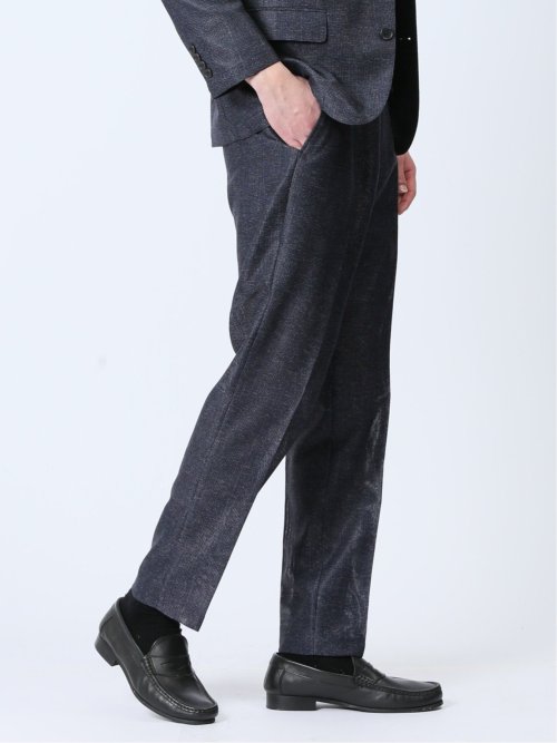 TechLinen スリムフィット ノータックパンツ チェック紺(セットアップ可能)