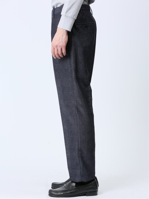 TechLinen スリムフィット ノータックパンツ チェック紺(セットアップ可能)