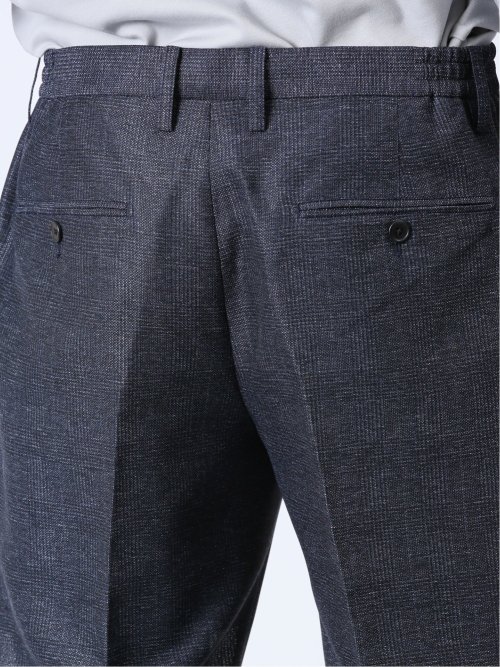 TechLinen スリムフィット ノータックパンツ チェック紺(セットアップ可能)