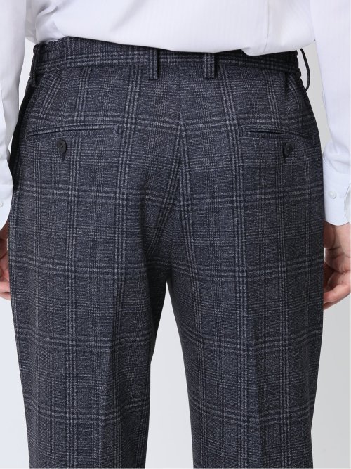 TechMove スリムフィット ノータックパンツ チェック紺(セットアップ可能)