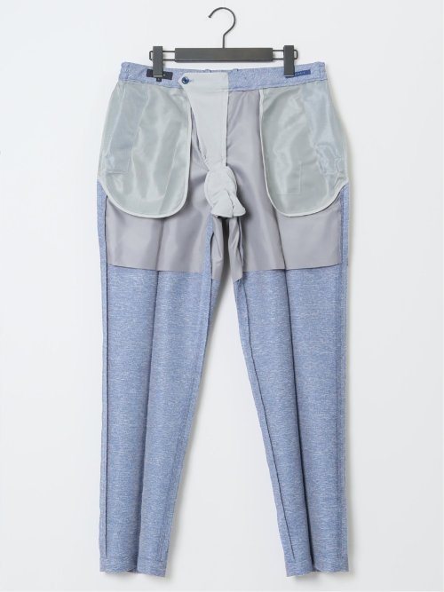 TechLinen スリムフィット ノータックパンツ 青(セットアップ可能)
