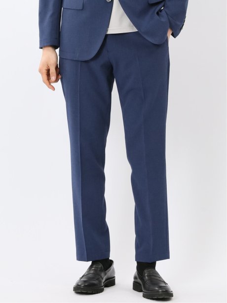 リネン調 スリムフィット ノータックパンツ 青(セットアップ可能)