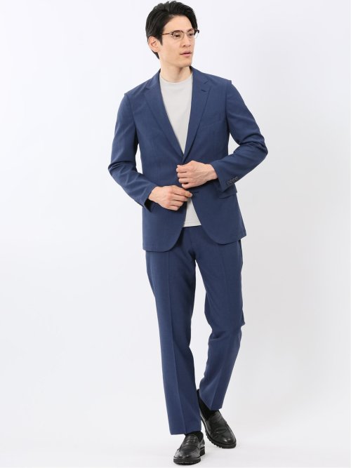 リネン調 スリムフィット ノータックパンツ 青(セットアップ可能)