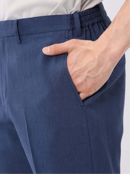 リネン調 スリムフィット ノータックパンツ 青(セットアップ可能)