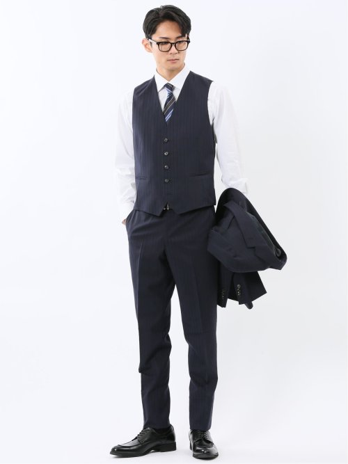 マルゾット ウール混 ジレベスト ピンストライプ紺(セットアップ可能)