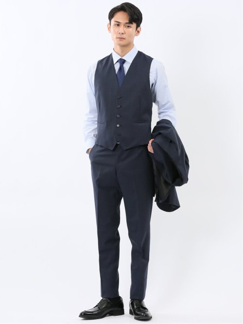 マルゾット ウール混 ジレベスト チェック紺(セットアップ可能)