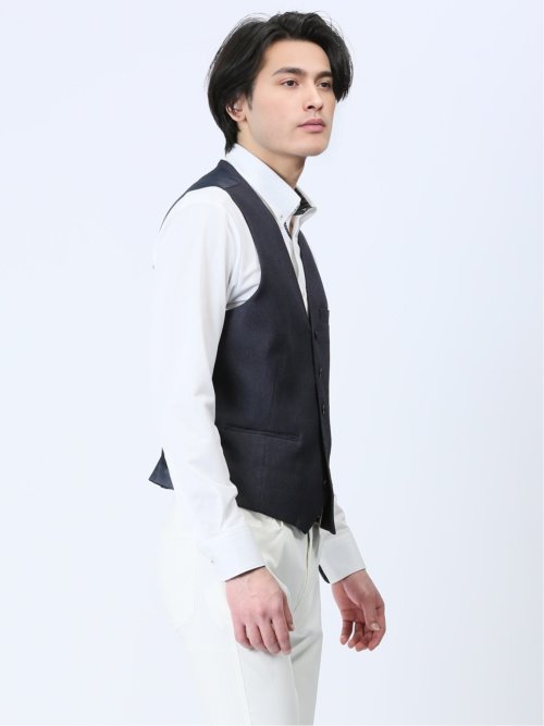 クロスストレッチ スリムフィット ジレベスト デニム風(セットアップ可能)