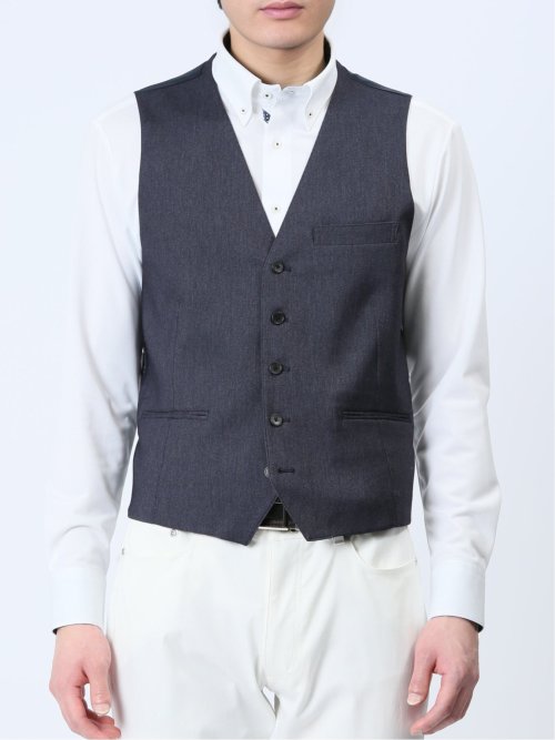 クロスストレッチ スリムフィット ジレベスト デニム風(セットアップ可能)
