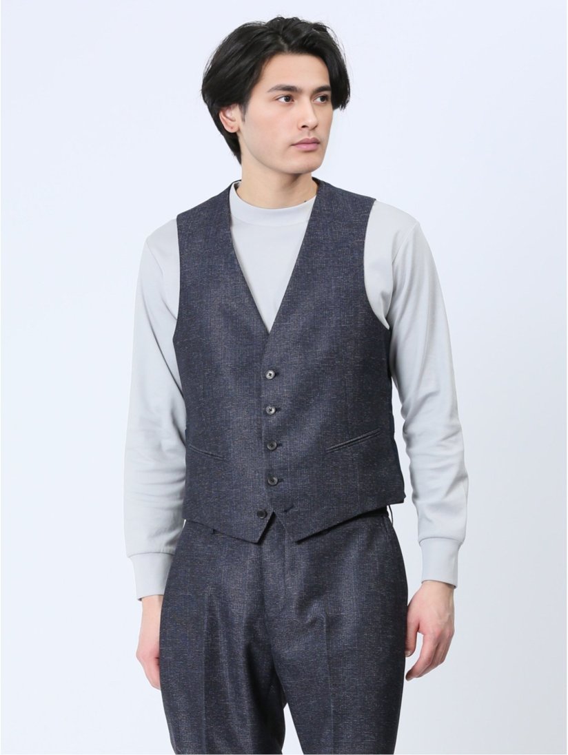 TechLinen スリムフィット ジレベスト チェック紺(セットアップ可能)(M 