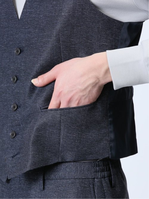 TechLinen スリムフィット ジレベスト チェック紺(セットアップ可能)
