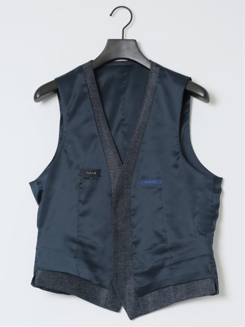 TechLinen スリムフィット ジレベスト チェック紺(セットアップ可能)