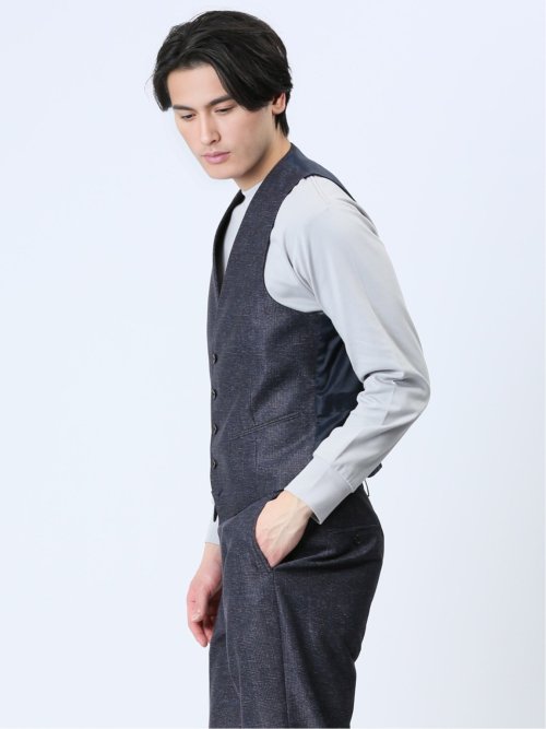 TechLinen スリムフィット ジレベスト チェック紺(セットアップ可能)