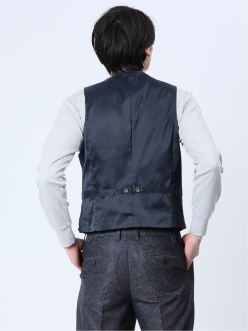 TechLinen スリムフィット ジレベスト チェック紺(セットアップ可能)