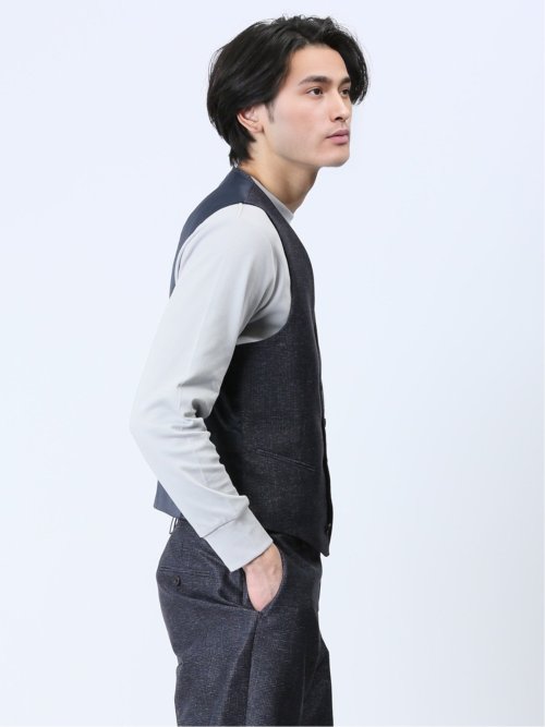 TechLinen スリムフィット ジレベスト チェック紺(セットアップ可能)