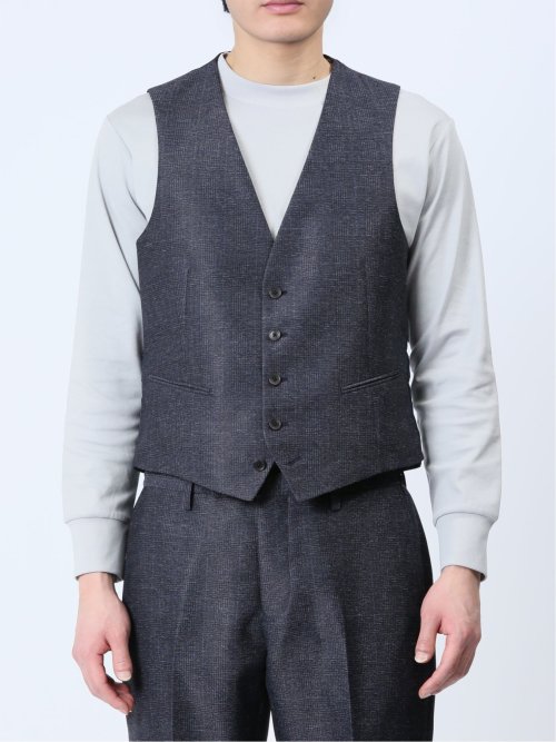 TechLinen スリムフィット ジレベスト チェック紺(セットアップ可能)