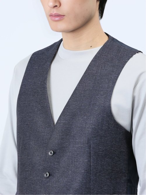TechLinen スリムフィット ジレベスト チェック紺(セットアップ可能)