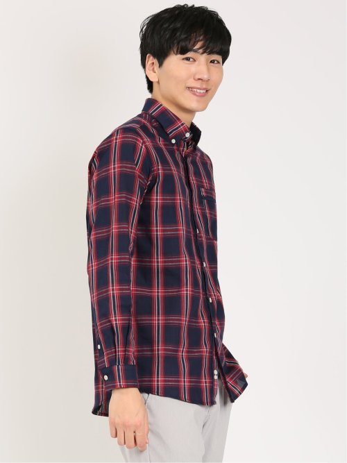 綿オンブレチェック ボタンダウン長袖シャツ